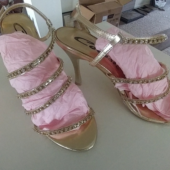 Celeste Shoes - Gorgeous gold strappy stilleto with rhinestones